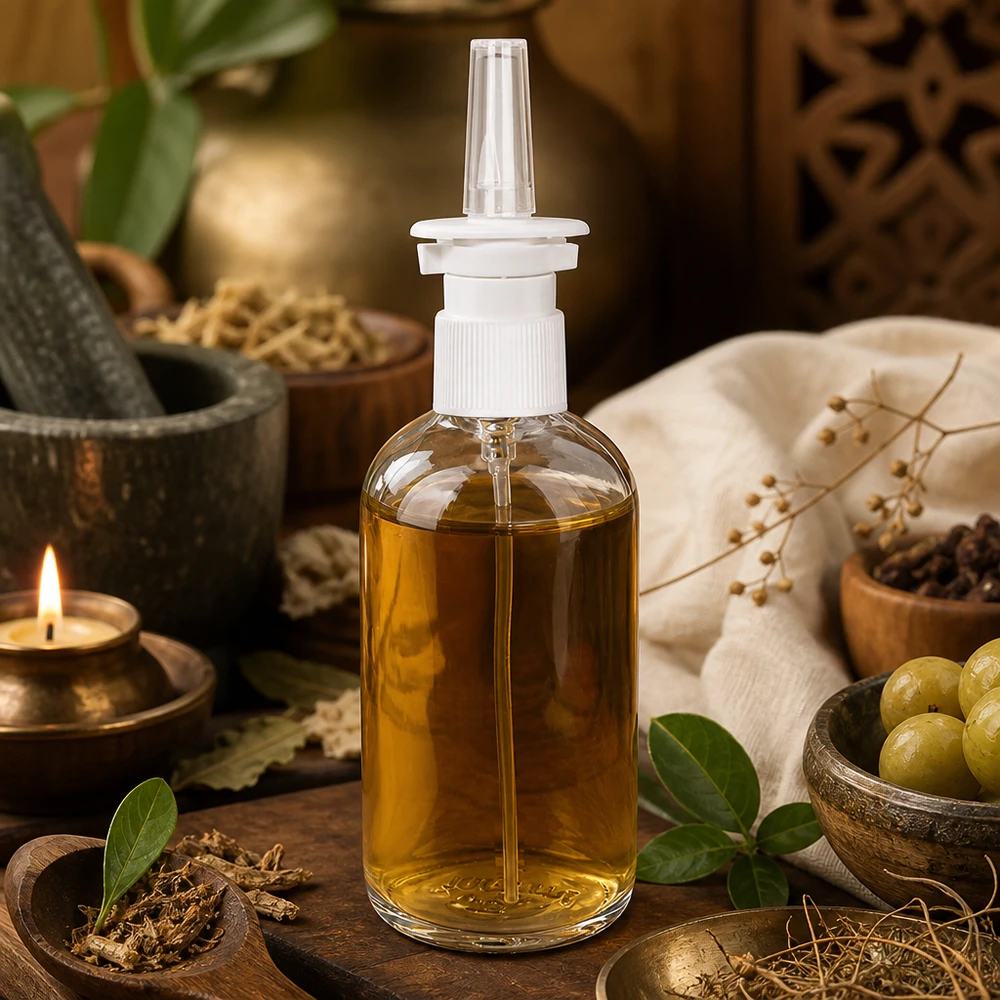 Genomskinlig 100 ml nässprayflaska av märket ClearLine med örter, oliver och ett ljus i ayurvedisk miljö