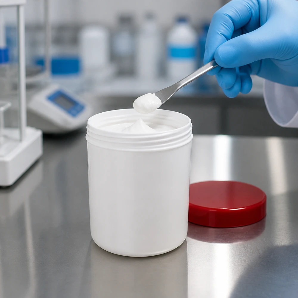 Vit salvorburk på 150 g med rött skruvlock i laboratoriet vid provtagning med spatel