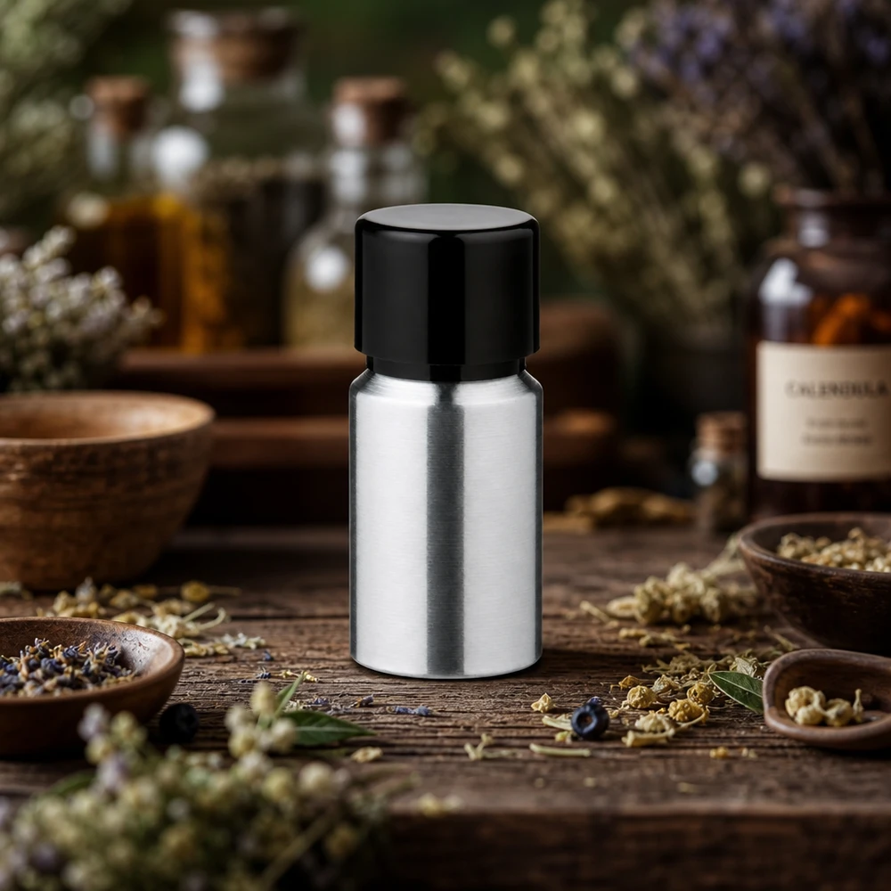 Högkvalitativ 10 ml aluminiumflaska med borstad metallyta och säkert skruvlock