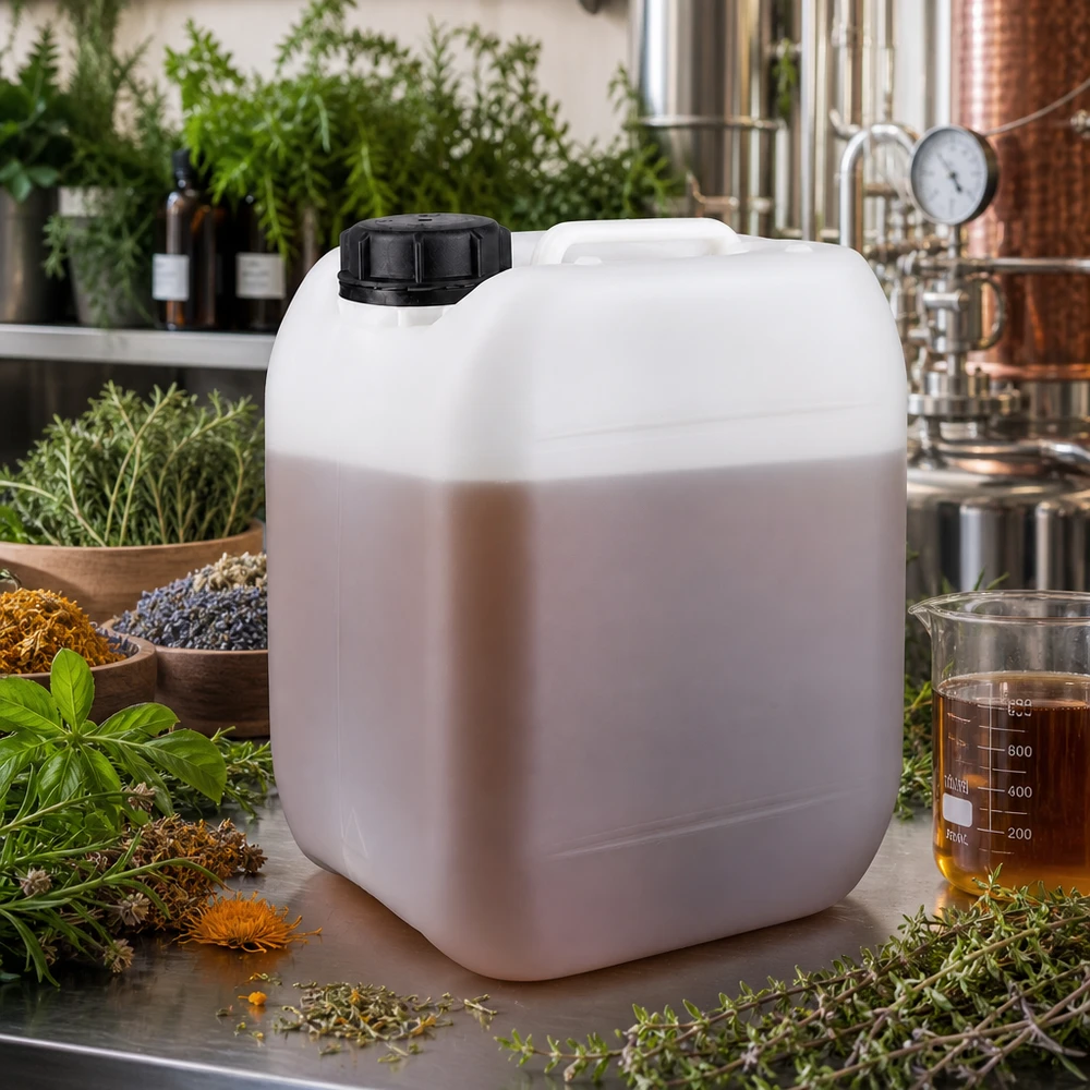 Vit plastdunk på 5 liter med örter och en destillationsanläggning i bakgrunden