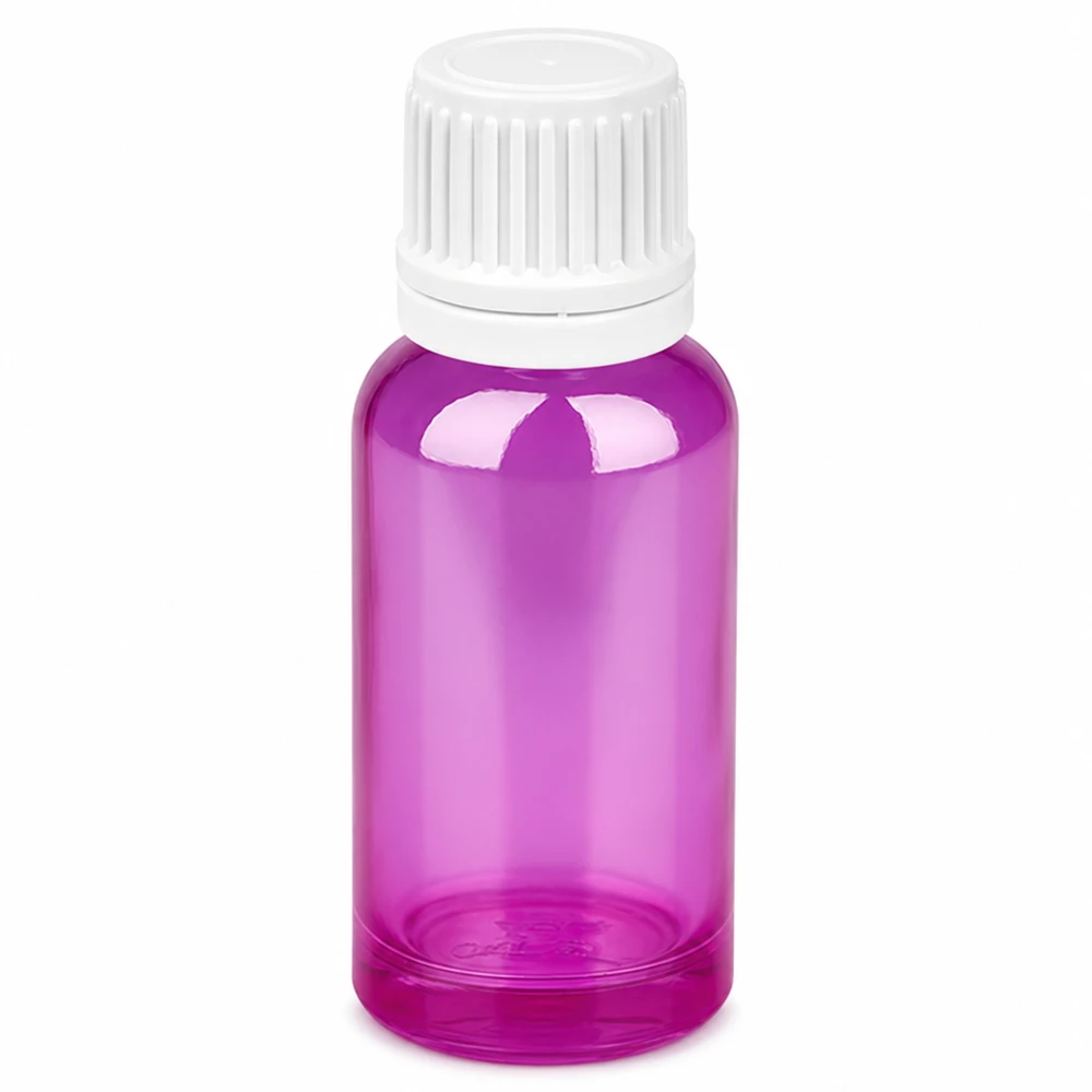 20ml droppflaska 0,7mm vit Originality skruvkork PurpleLine UT18/20 20ml droppflaska lila transparent med vitt skruvlock 0,7mm öppning