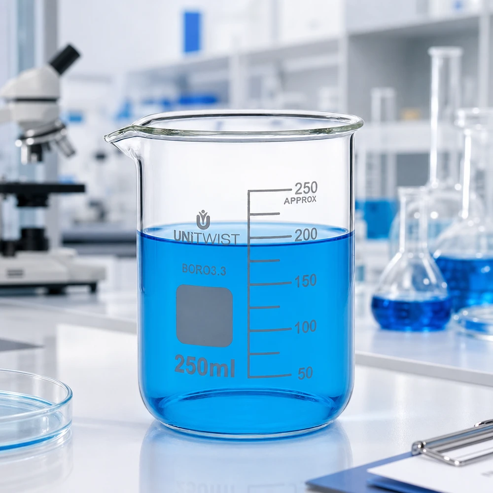 Bägare 250ml borosilikat, lågformad UNiTWIST UNiTWIST bägare, 250 ml, låg form, borosilikatglas 3.3, med blå vätska i laboratoriet