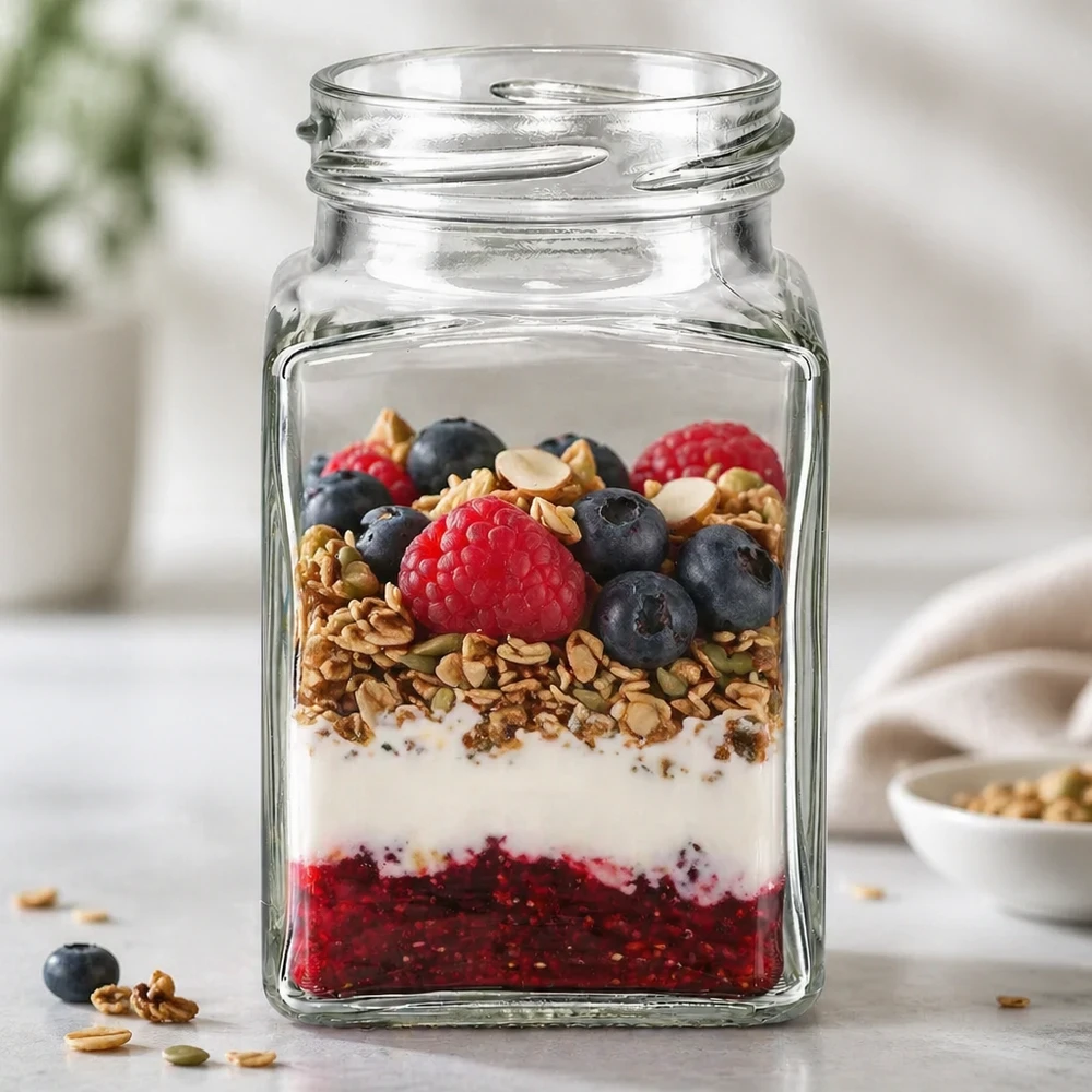 UNiTWIST Tetra260 4-hörnig burk 260ml TO58 med müsli bär och yoghurt som dessert i burk på köksbänken