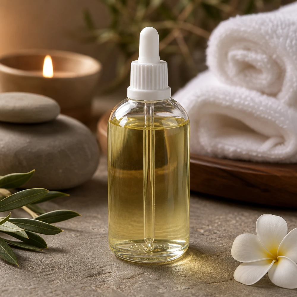 Liten 100 ml pipettflaska ClearLine, vit, med spa-tillbehör: stenar, ljus och blomma