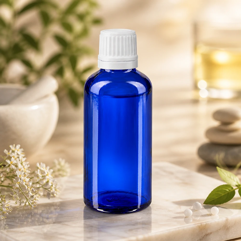 Apoteksflaska blå 50ml skruvkork vit manipulationsskyddad förslutning Liten 50 ml apoteksflaska av koboltblått glas med barnsäker vit kork