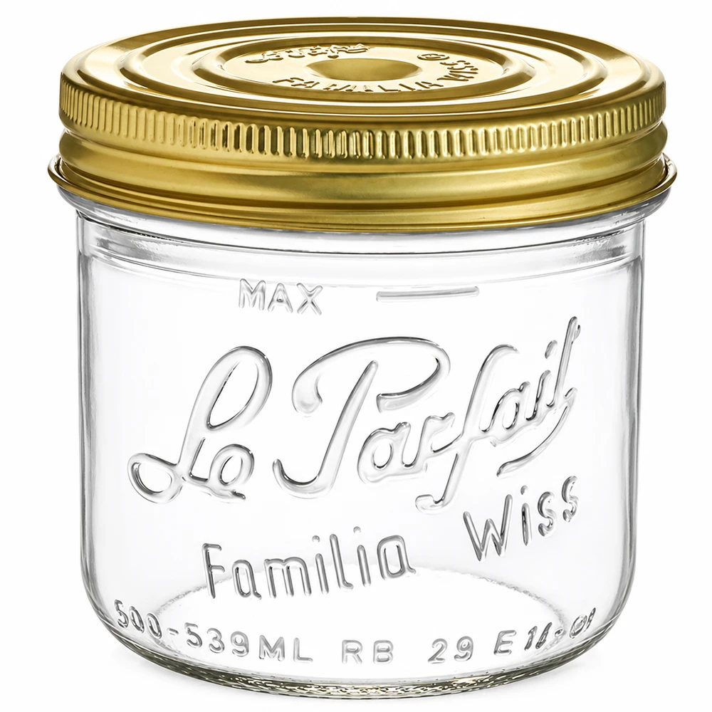Le Parfait® Familia Wiss 500 g Ø100 mm burk 539ml Familia Wiss burk med guldskruvlock Le Parfait konserveringsburk för konservering