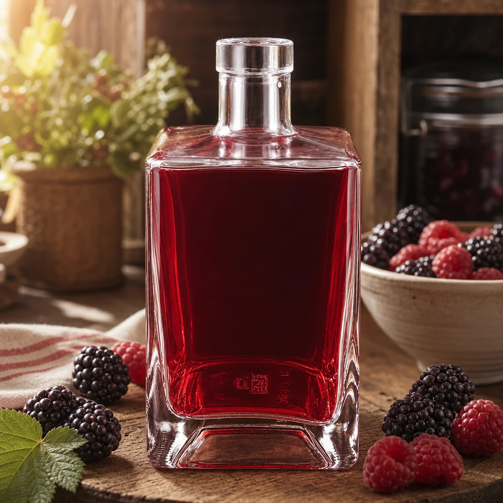 700 ml glasflaska Ben utan förslutning UNiTWIST® Ben 700 ml glasflaska med fyllning av rödbärslikör omgiven av björnbär och hallon på rustikt trä