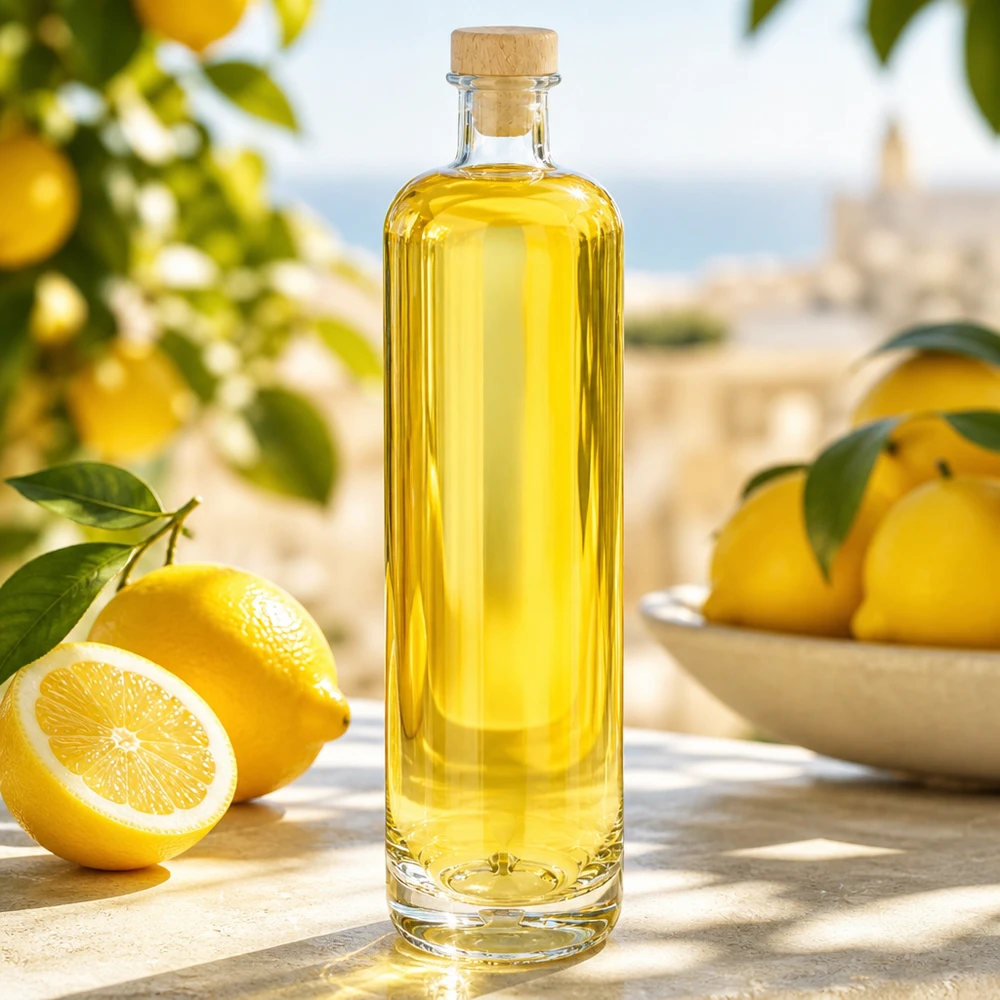 700 ml glasflaska Ella med gult innehåll och träkork i en medelhavsmiljö med citron på ett träbord
