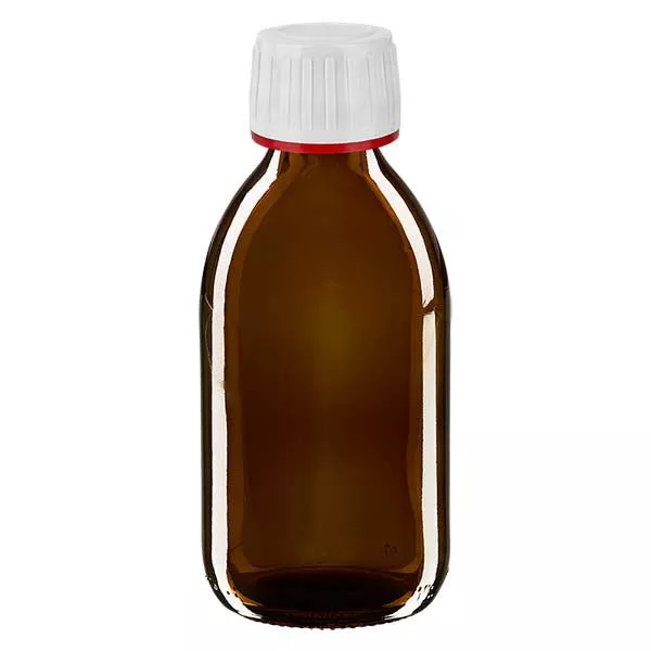 250 ml medicinflaska brun, vitt lock med sabotageringssäker ring röd ApoGlas 250 ml medicinflaska brun, vitt lock med sabotageringssäker ring röd ApoGlas