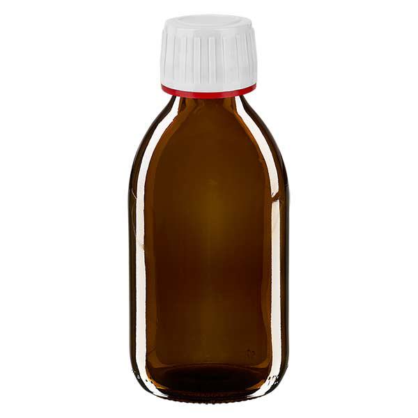 250 ml medicinflaska brun, vitt lock med sabotageringssäker ring röd ApoGlas 250 ml medicinflaska brun, vitt lock med sabotageringssäker ring röd ApoGlas