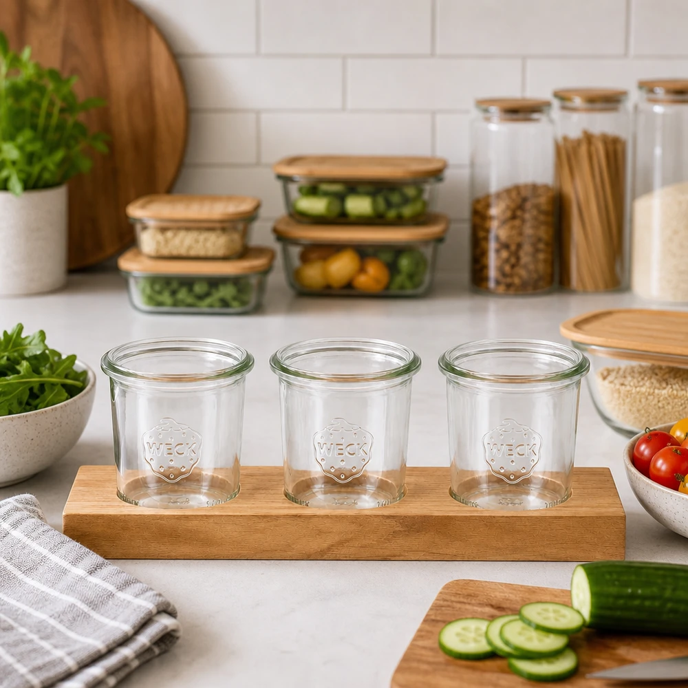 Plano3 serveringsbräda med tomma 140 ml WECK-burkar i ett modernt kök bredvid grönsaks- och förvaringsburkar