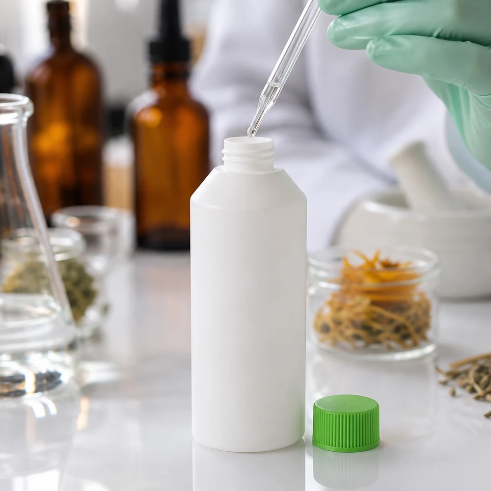 Laboratorietekniker fyller en vit HDPE-apotekflaska på 250 ml med pipett och grönt skruvlock