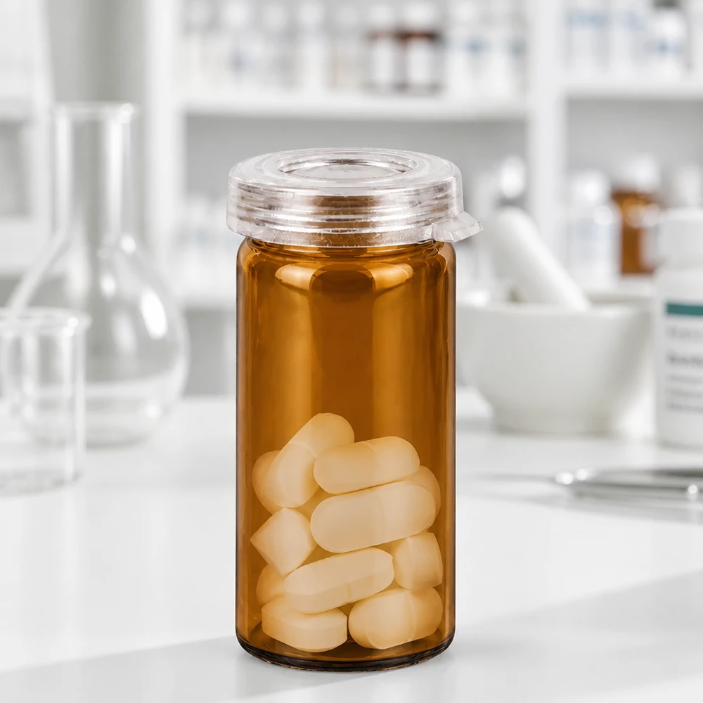 Bords-/rullburk 5ml klar med snäpplock Bärnstensfärgat glas med rullkant, 5 ml, med vita kapslar och genomskinligt snäpplock i laboratoriet