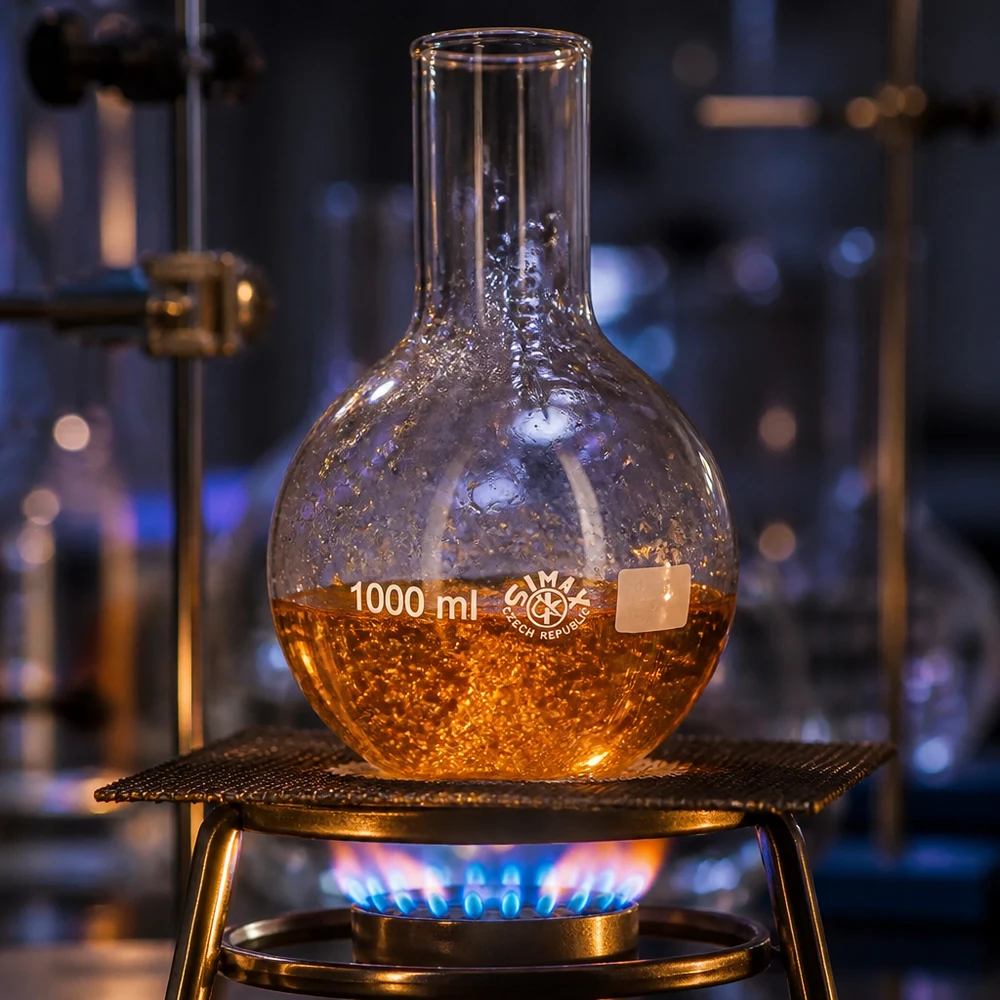 Höftkolv 1000ml bred hals 1000 ml kolv med vid hals vid uppvärmning över en bunsenbrännare i en professionell laboratoriemiljö
