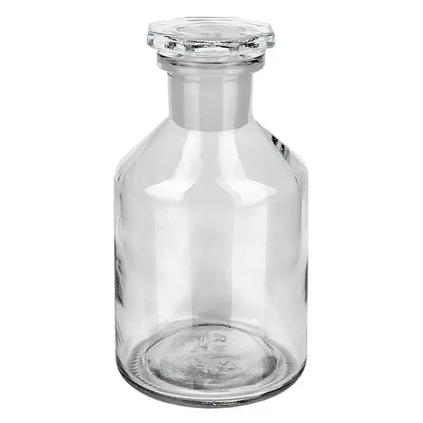 Flaska med konisk hals, 50 ml, av klart glas med glaspropp för laboratoriebruk