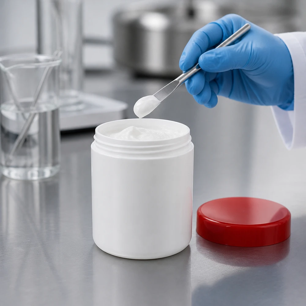 Salvburk 800g vit med rött skruvlock (polypropylen) Vit salvorburk på 800 g med rött lock i en professionell laboratoriemiljö