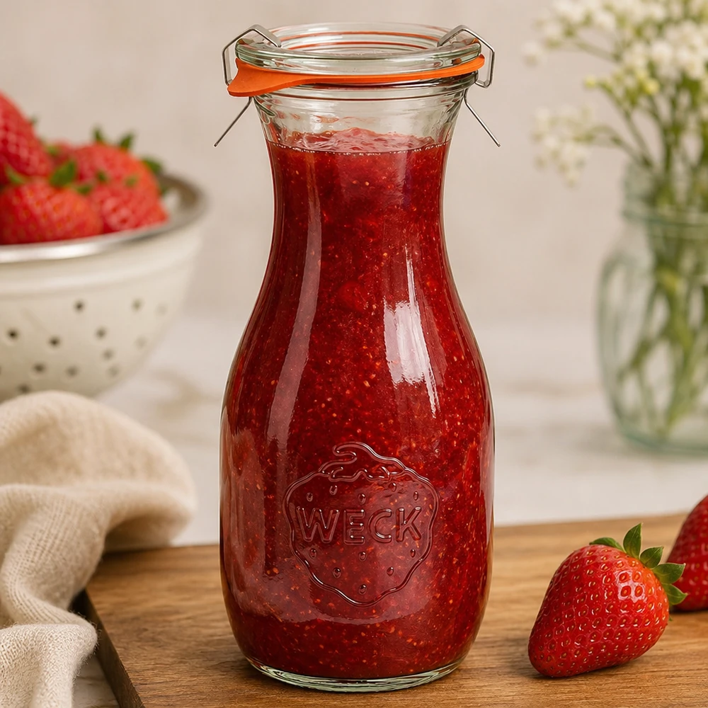 WECK 530 ml juiceflaska fylld med jordgubbssylt visar praktisk användning av RR60 konserveringsburk