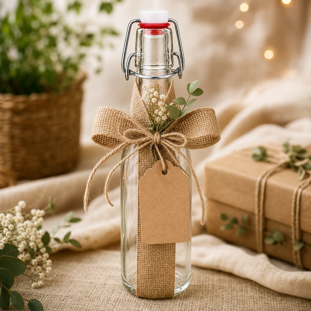 250ml glasflaska + svängbar topp porslin UNiTWIST 250ml Glasflasche mit Bügelverschluss als Geschenk dekoriert mit Juteschleife, Anhänger und getrockneten Blumen