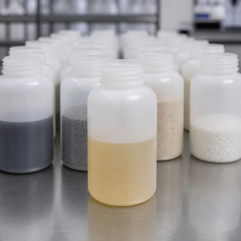 500 ml laboratorieflaska med vid hals, halvfylld med gulaktig vätska, utan lock