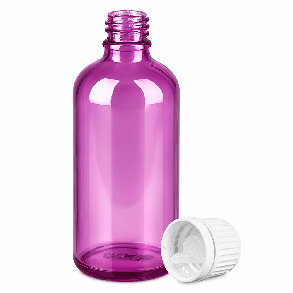 Lila 100 ml droppflaska i plast med 0,7 mm doseringsöppning för eteriska oljor