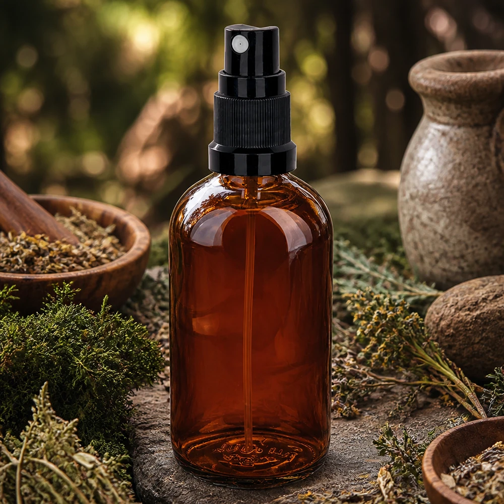 En bärnstensfärgad 100 ml sprayflaska UT18/100 med svart sprutmunstycke bland naturliga örter