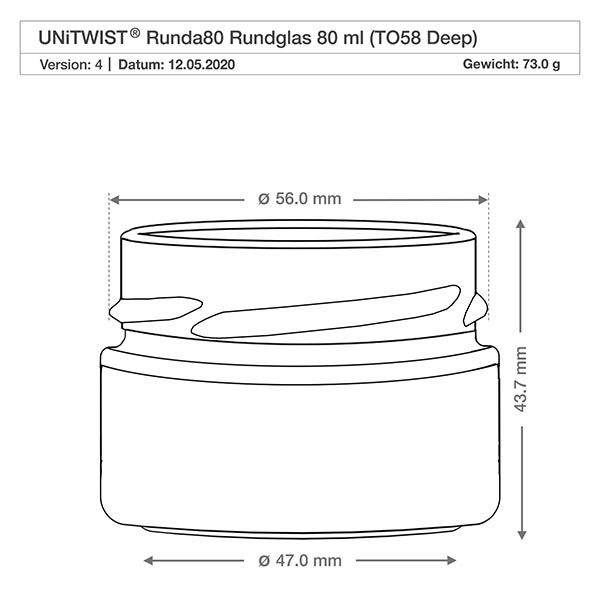 80ml rund burk utan lock (TO58deep) UNiTWIST UNiTWIST runt glas 80ml TO58 Deep med måtten 56mm diameter och 43,7mm höjd teknisk ritning