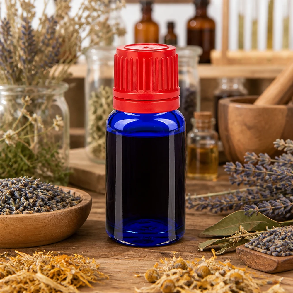10 ml blå apoteksflaska med rött 11 mm lock för homeopatiska medel och essenser