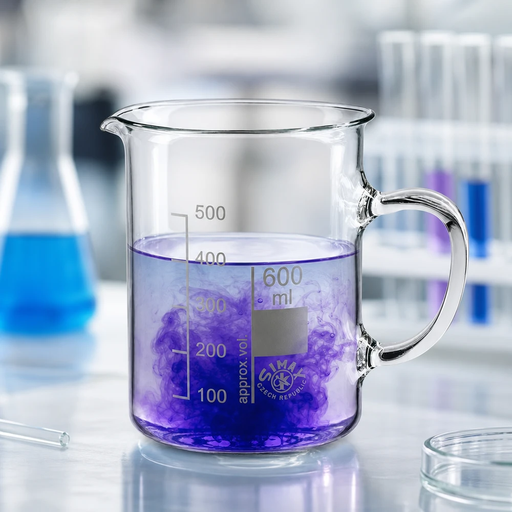 Bägare 600 ml borosilikatglas, med handtag 600 ml bägare med handtag, tillverkad av värmetåligt borosilikatglas, med lila vätska