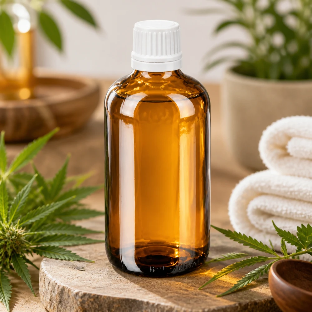 100 ml droppflaska i brunt glas med vitt barnsäkert lock bland cannabisblad