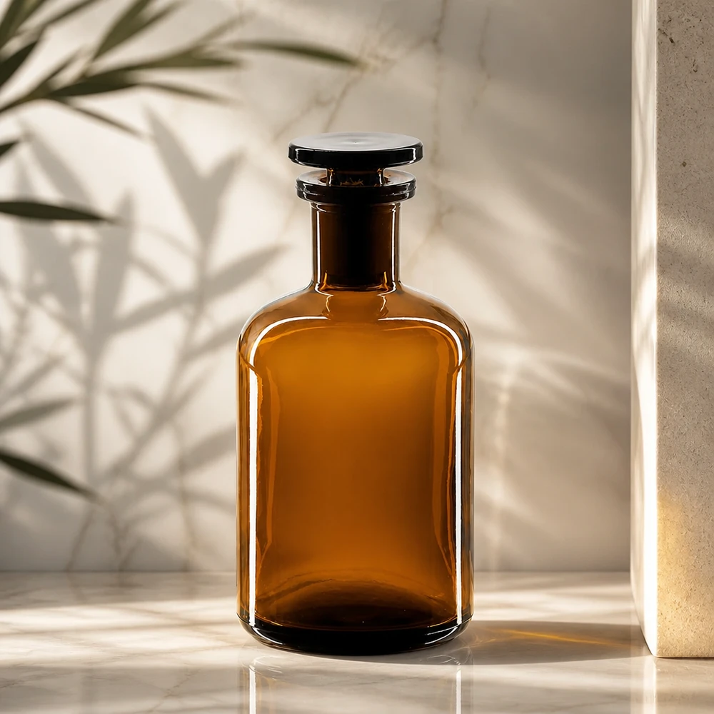 Bärnstensfärgad glasflaska, 100 ml, smal hals med propp, UV-skydd för ljuskänsliga ämnen