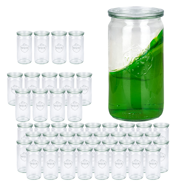Set med 48 Weck-cylindriska burkar, 340 ml, med 48 glaslock Set med 48 Weck-cylindriska burkar, 340 ml, med 48 glaslock