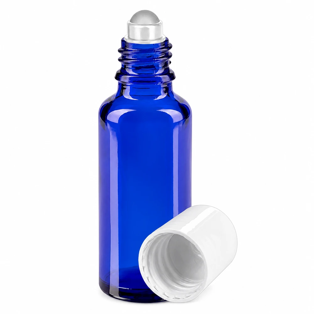 Apoteksflaska blå 30ml roll-on lock vit 30 ml blå roll-on-flaska med vitt lock och glasrulle av apotekerglas