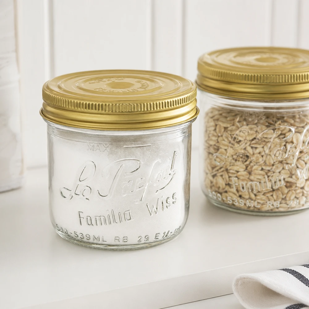 Le Parfait® Familia Wiss 500 g Ø100 mm burk 539ml Familia Wiss glas med gyllene lock och konserveringsburk med flingor på en vit yta