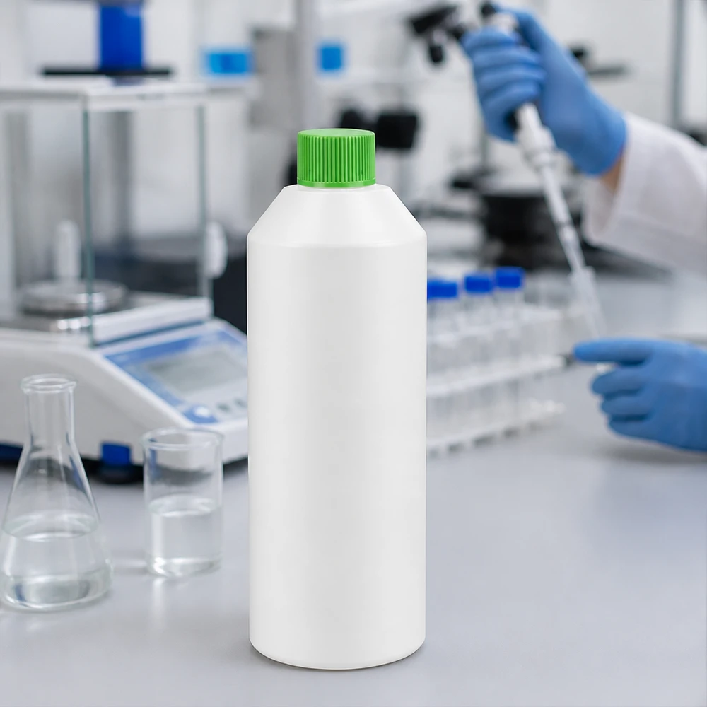 Apoteksflaska HDPE 250ml vit, med grönt skruvlock HDPE-apotekflaska, 250 ml, vit med grönt skruvlock, i laboratoriemiljö