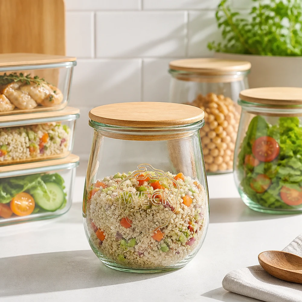 WECK tulpanburk 220ml RR60 trälock för Meal Prep - förvaringsburk med quinoa grönsallad i ett modernt kök