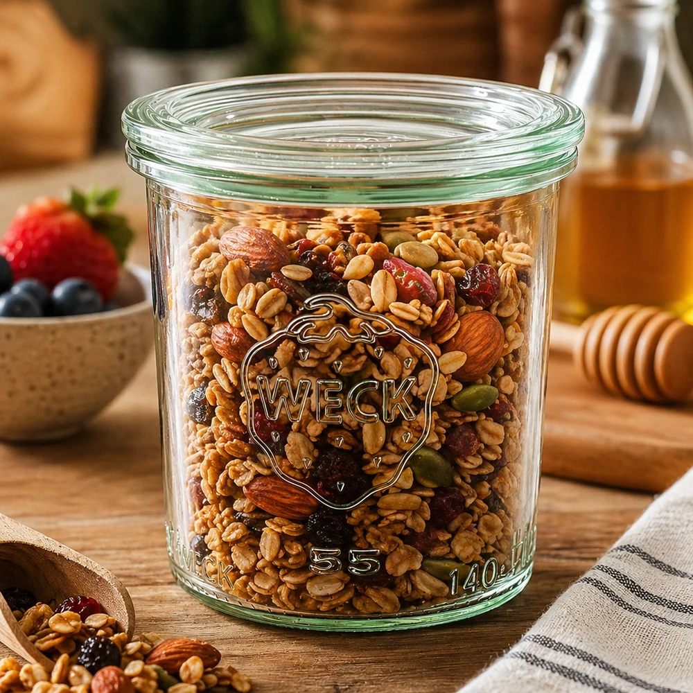 WECK 140 ml burk med glaslock RR60 | Premiumkvalitet WECK Sturzglas 140ml RR60 befüllt mit Nussmischung und Trockenfrüchten als Vorratsglas in rustikaler Küche