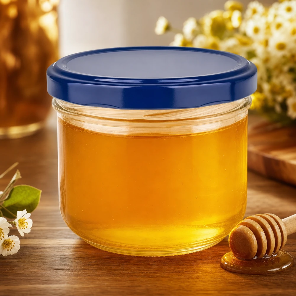 260ml Krossade glasögon + BasicSeal lock blå UNiTWIST 260 ml murarburk med blått BasicSeal-lock fylld med honung - perfekt vridbar burk för sylt och pålägg