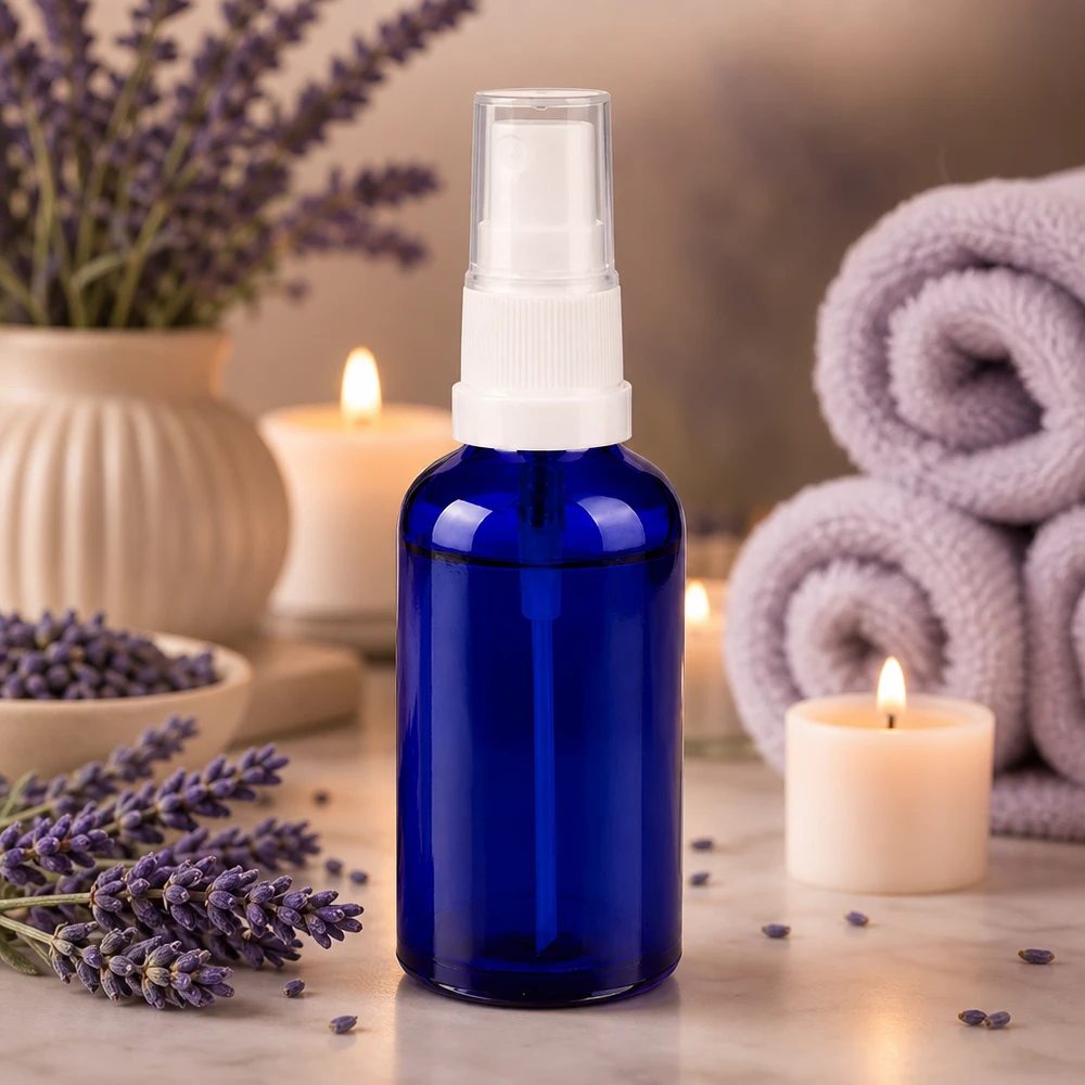 Transparent 50 ml sprayflaska med vit pumpförstärkare för aromaterapi och wellness