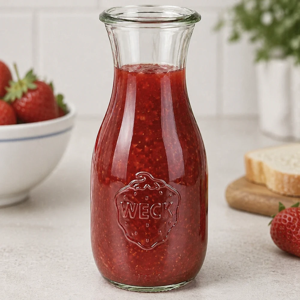 530 ml juiceflaska WECK RR60 WECK Saftflasche 530ml RR60 mit rotem Erdbeermus gefüllt neben frischen Erdbeeren und Brot in heller Küche