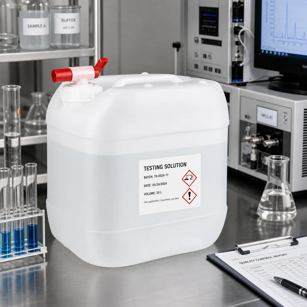 Dunk 15 liter med avtappningskran Genomskinlig plastdunk på 15 liter med GHS-faromärkning för laboratoriebruk