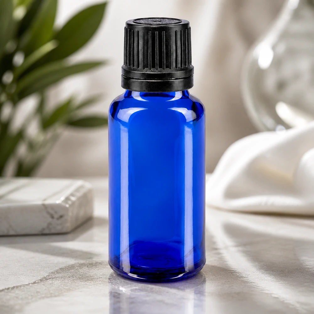 Apoteksflaska blå 20ml dropplock hällring 1mm svart manipuleringssäkert lock Koboltblå 20 ml apotekerglasflaska med barnsäker svart originalförslutning