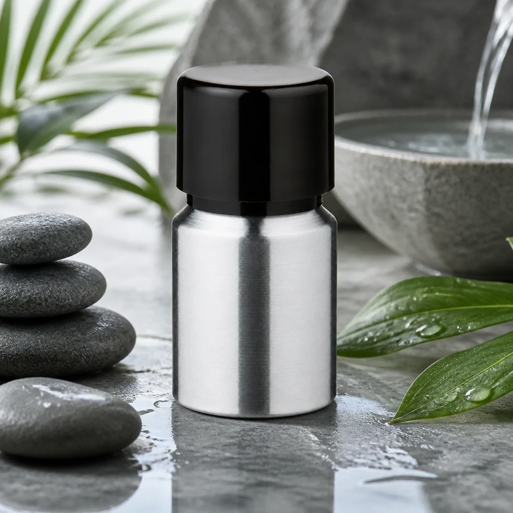 Högkvalitativ 10 ml aluminiumflaska med polerad yta och svart skruvlock