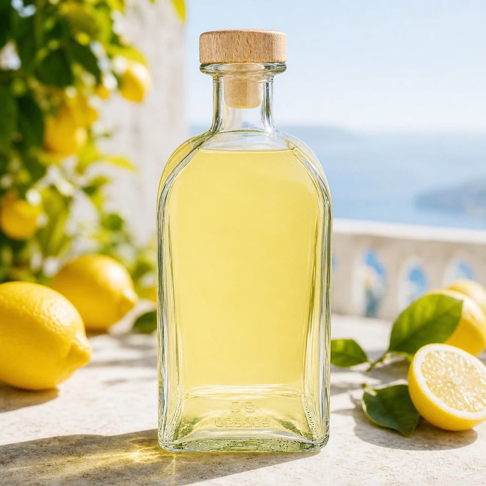 500 ml Julia glasflaska med träkork fylld med citronlikör i en medelhavsmiljö med färska citroner