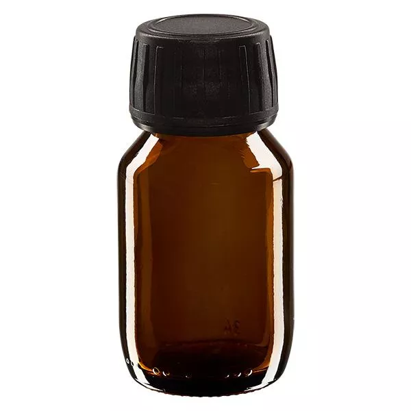 50 ml medicinflaska brun, svart lock med säkerhetsring ApoGlas