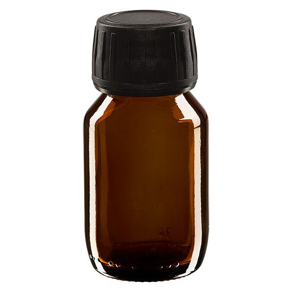 50 ml medicinflaska brun, svart lock med säkerhetsring ApoGlas 50 ml medicinflaska brun, svart lock med säkerhetsring ApoGlas