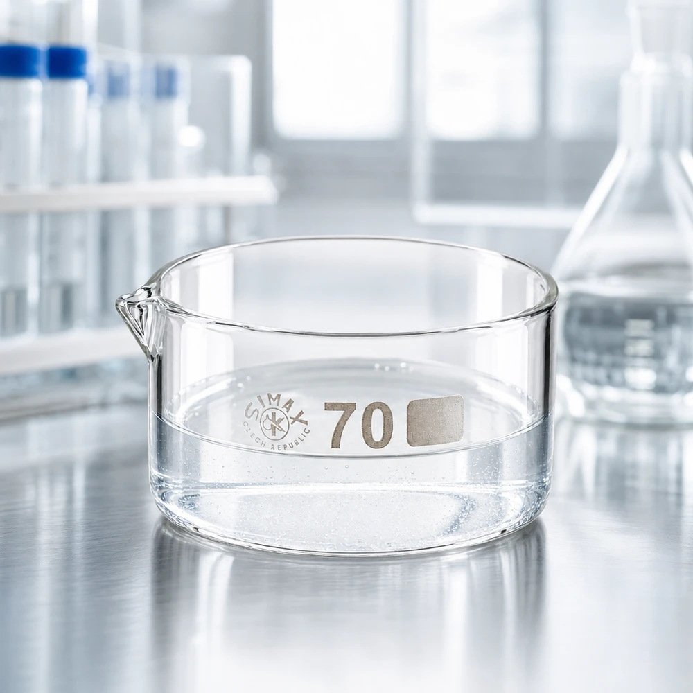 100ml kristalliseringsskål med pip borosilikat ø70mm Tom kristallisationsskål, 100 ml, av laboratorieglas med kort pip på en yta av rostfritt stål