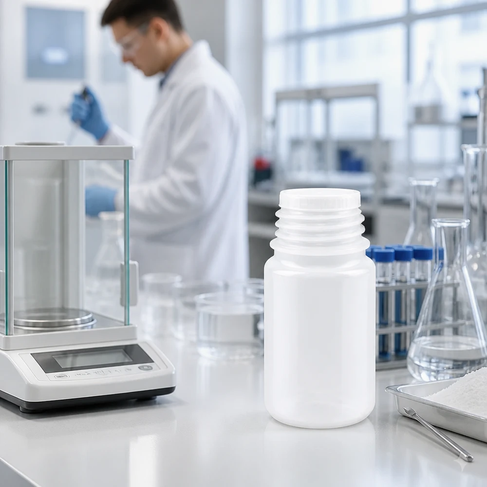 Vit 50 ml-flaska med vid hals av HDPE bredvid en Erlenmeyerkolv och provrör i laboratoriet