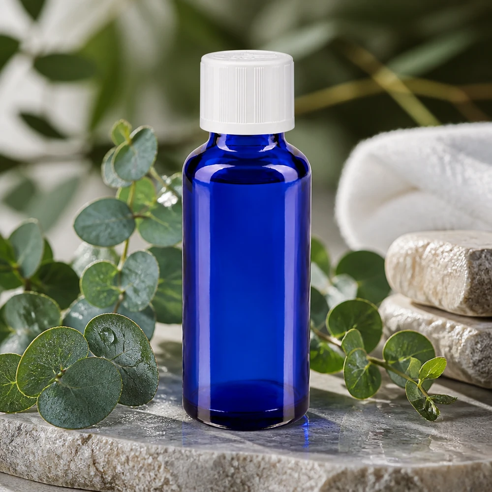 Apoteksflaska blå 30ml skruvkork vit barnsäker standard Blå apotekarflaska på 30 ml med vitt skruvlock på natursten med eukalyptusgrenar