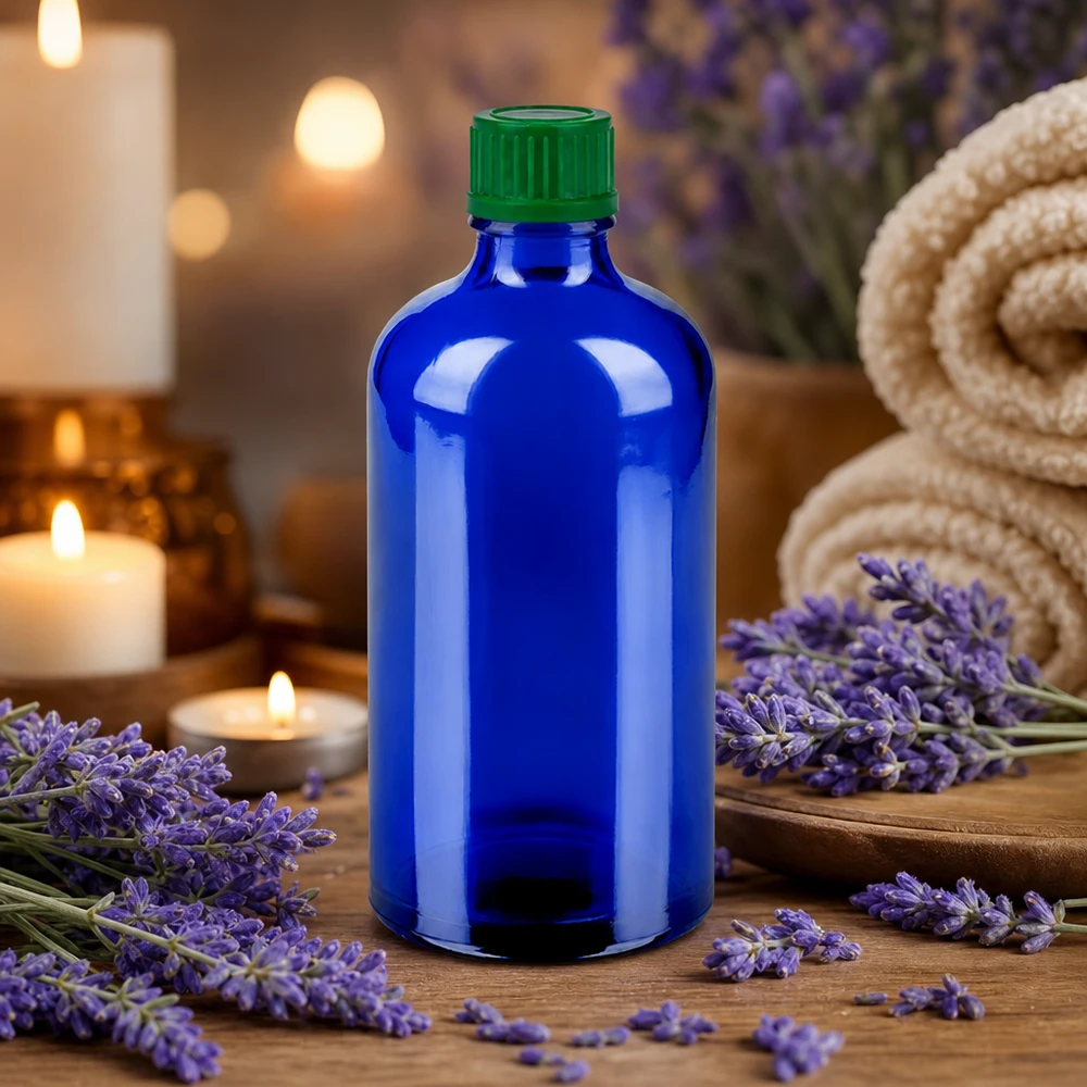 100 ml kosmetikflaska av högkvalitativt glas i blått för eteriska oljor och aromaterapi