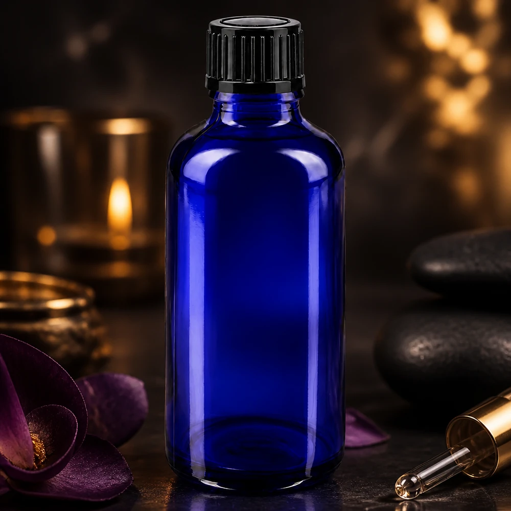 Apoteksflaska blå 50ml skruvkork svart standard Blå glasflaska på 50 ml med svart lock bredvid orkidéblommor och massagestenar